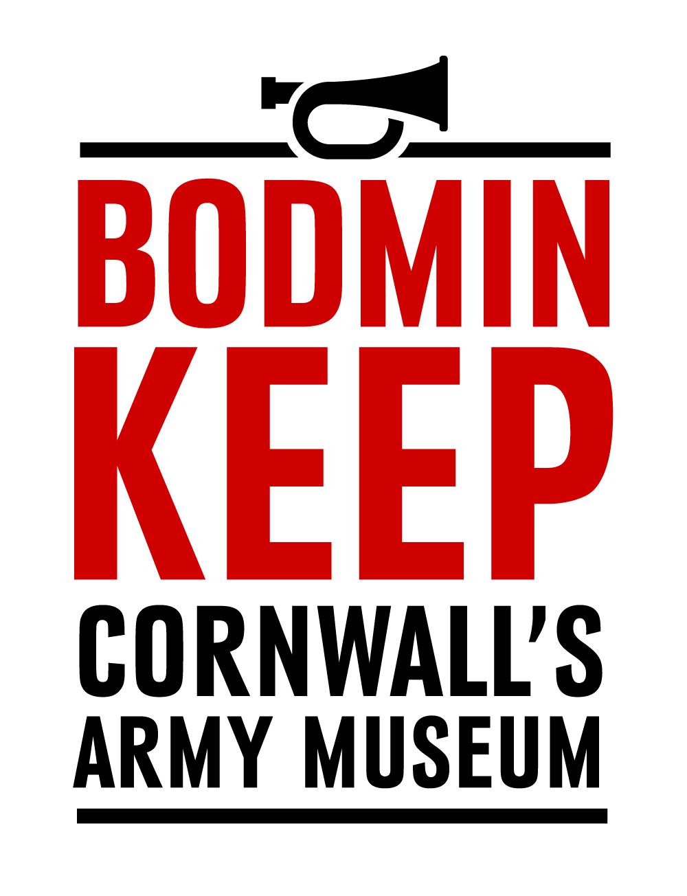 Image of museum logo made up of a black bugle with Bodmin Keep written in red below. Below this is Cornwall's Army Museum in black below