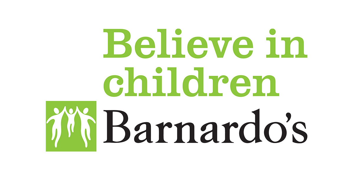 Barnardo's 'Believe in Children' Logo, green and black writing, including small green box bottom left with three figures holding hands and jumping