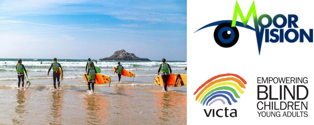 Surfers of The Big Green Surf School, Moorvision Charity Logo, VICTA Charity Logo