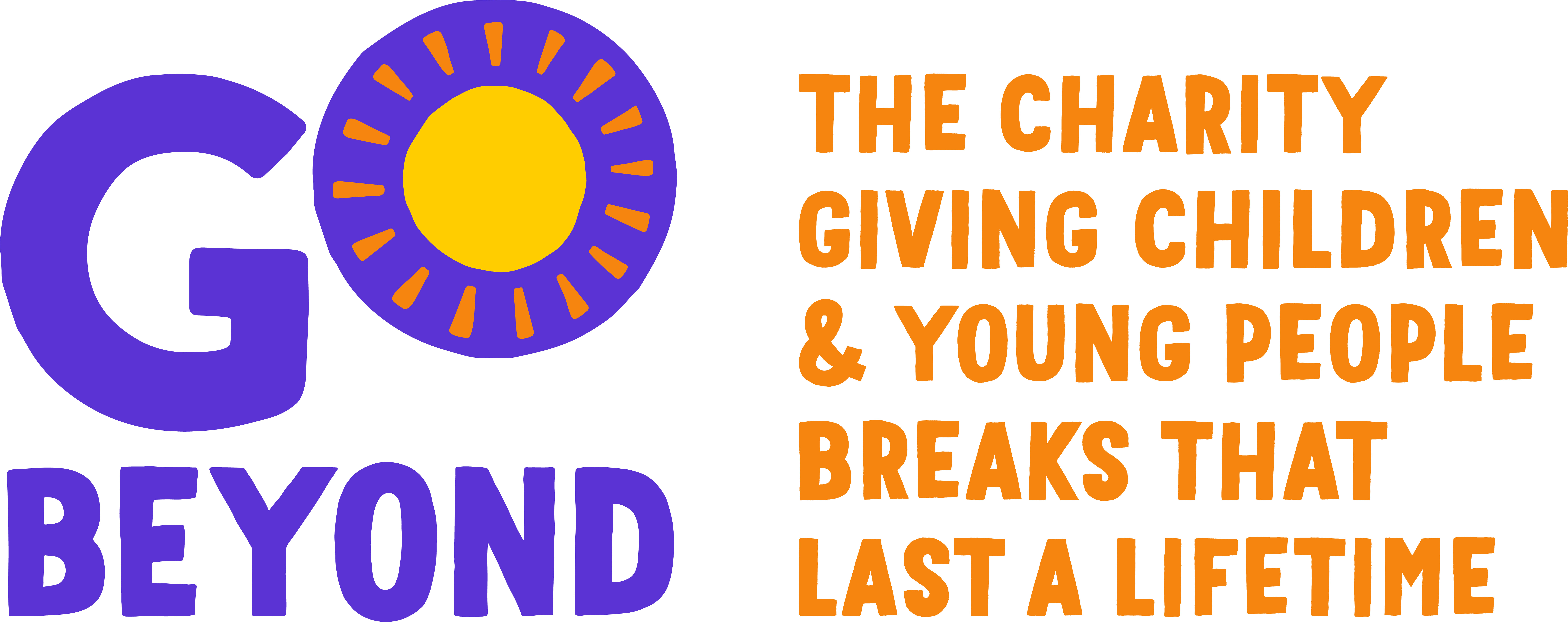 Image shows the Go Beyond logo - blue writing with the sun inside the 'O'. The charity giving children and young people breaks that last a lifetime.