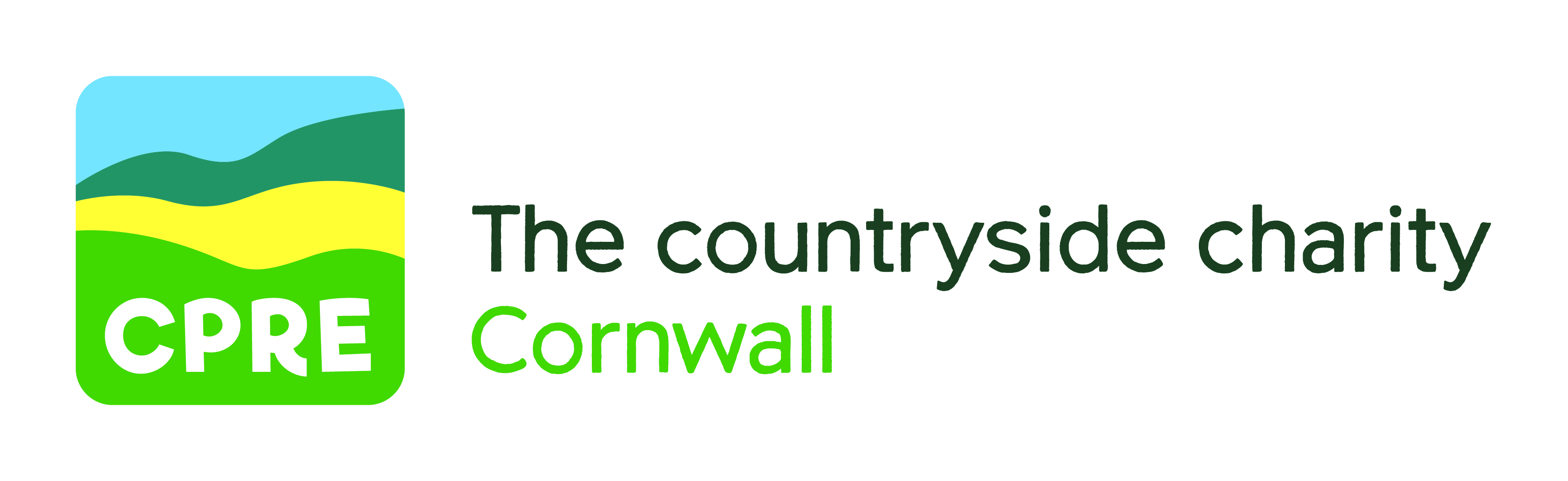 The countryside charity in a black font, underneath is Cornwall is a green font. Next to the logo which is split into four horizontal sections starting with a blue, dark green, yellow, and green sections. The last section states CPRE in a yellow font.