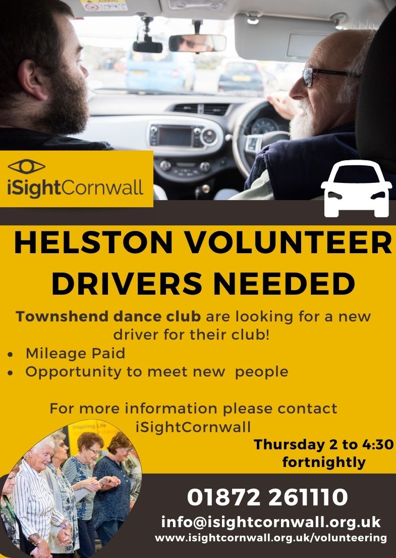 Poster: expressing a need for volunteer drivers in Helston for Townshend dance club