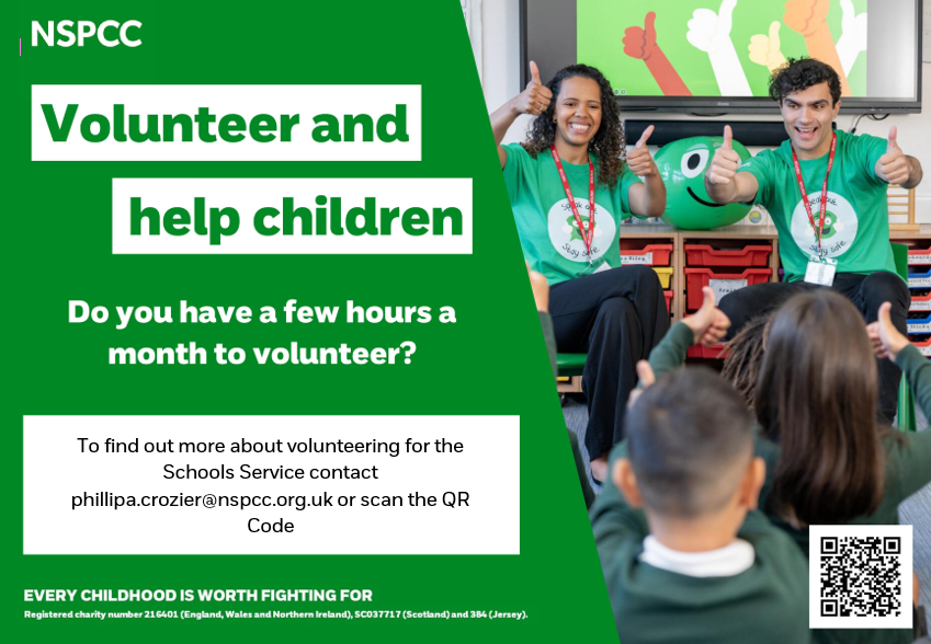 A poster for volunteer recruitment to the NSPCC Schools Service in Cornwall including QR code. 