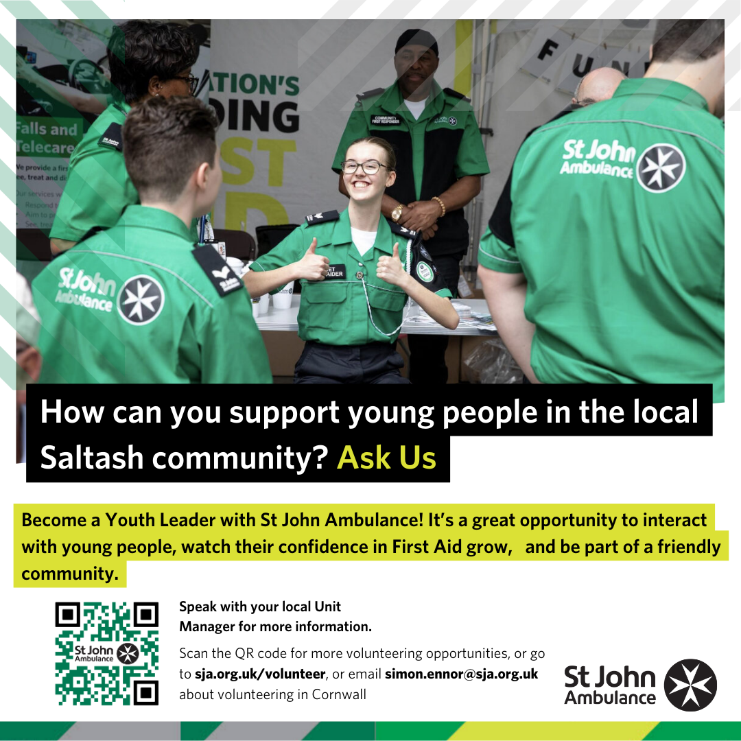 Image shows a young person being supported by their adult volunteers out on a duty (volunteering event) in their area. The images includes a QR code to scan to find out more about volunteering with St John Ambulance and the Youth Team, and includes the website link (sja.org.uk/volunteer) and email address (simon.ennor@sja.org.uk) to enquire about the Youth Helper opportunity at the local unit.