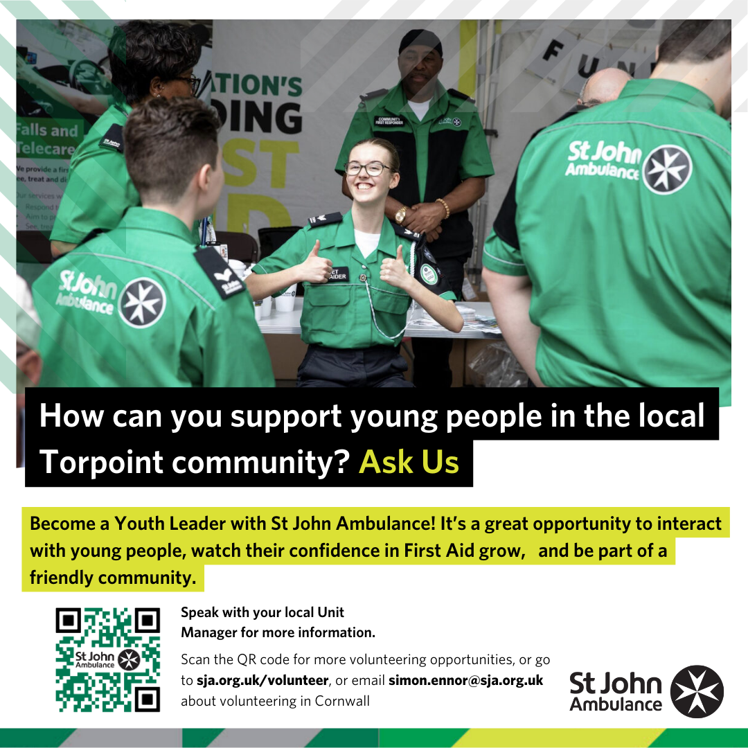 Image shows a young person being supported by their adult volunteers out on a duty (volunteering event) in their area. The images includes a QR code to scan to find out more about volunteering with St John Ambulance and the Youth Team, and includes the website link (sja.org.uk/volunteer) and email address (simon.ennor@sja.org.uk) to enquire about the Youth Helper opportunity at the local unit.