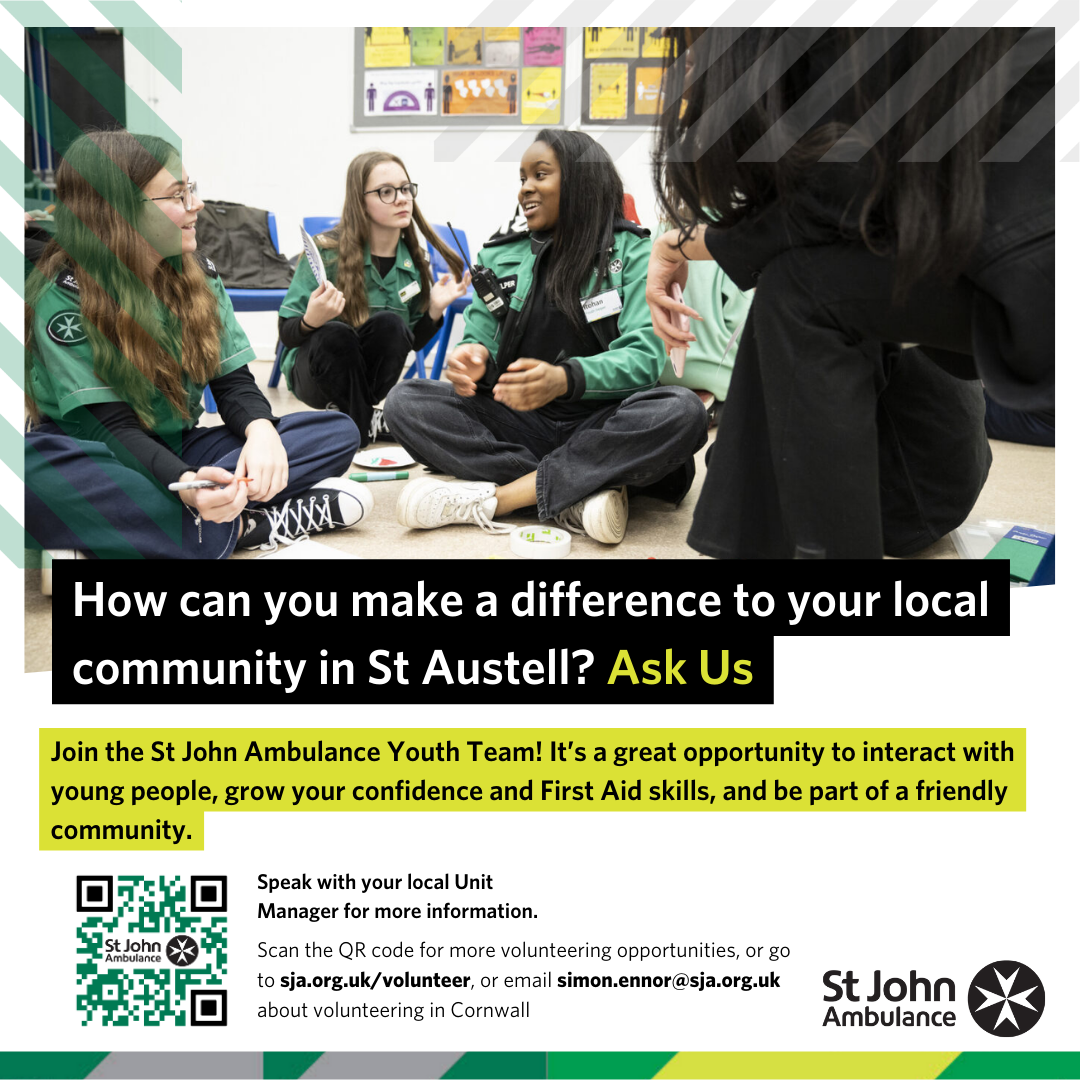 Image shows a group of young people and their youth volunteer sat together in one of their meetings at the unit. The images includes a QR code to scan to find out more about volunteering with St John Ambulance and the Youth Team, and includes the website link (sja.org.uk/volunteer) and email address (simon.ennor@sja.org.uk) to enquire about the Youth Helper opportunity at the local unit.