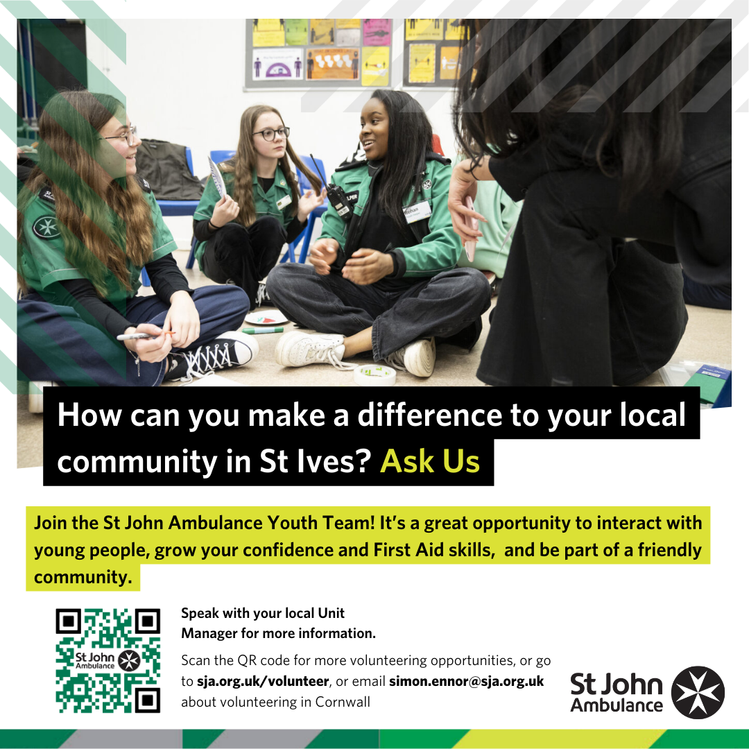 Image shows a group of young people and their youth volunteer sat together in one of their meetings at the unit. The images includes a QR code to scan to find out more about volunteering with St John Ambulance and the Youth Team, and includes the website link (sja.org.uk/volunteer) and email address (simon.ennor@sja.org.uk) to enquire about the Youth Helper opportunity at the local unit.