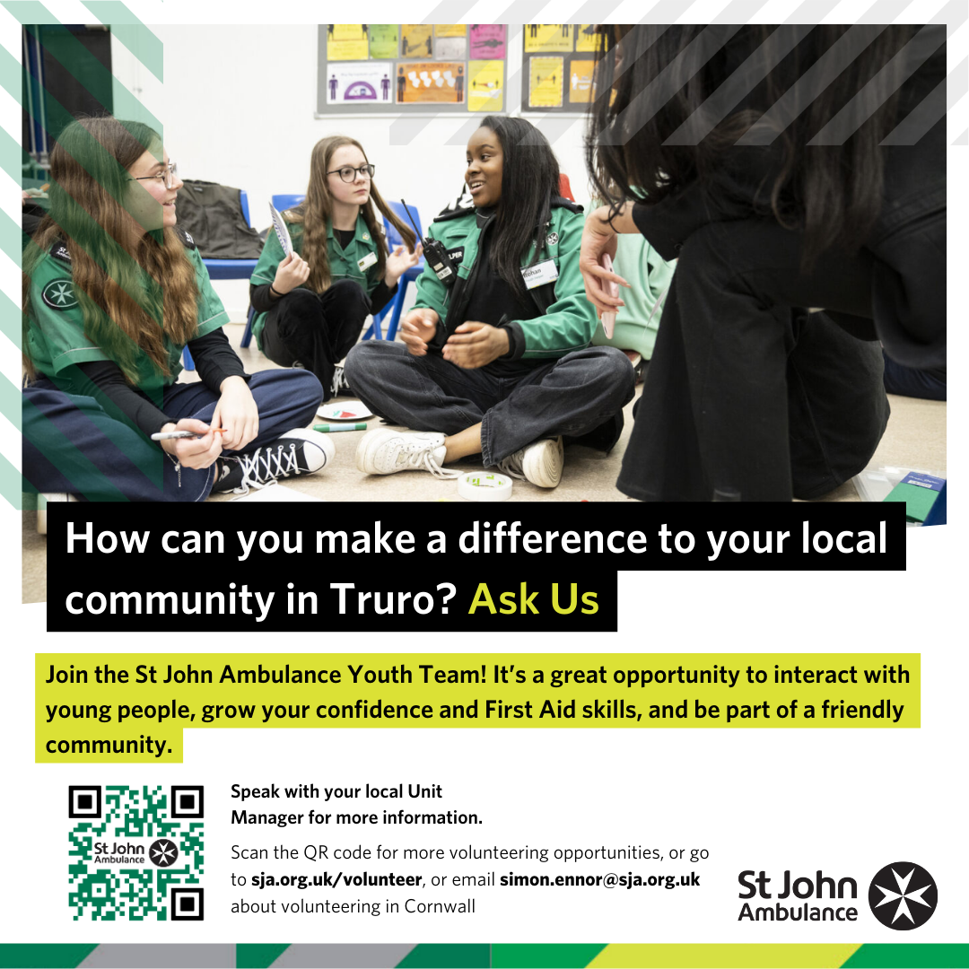 Image shows a group of young people and their youth volunteer sat together in one of their meetings at the unit. The images includes a QR code to scan to find out more about volunteering with St John Ambulance and the Youth Team, and includes the website link (sja.org.uk/volunteer) and email address (simon.ennor@sja.org.uk) to enquire about the Youth Helper opportunity at the local unit.