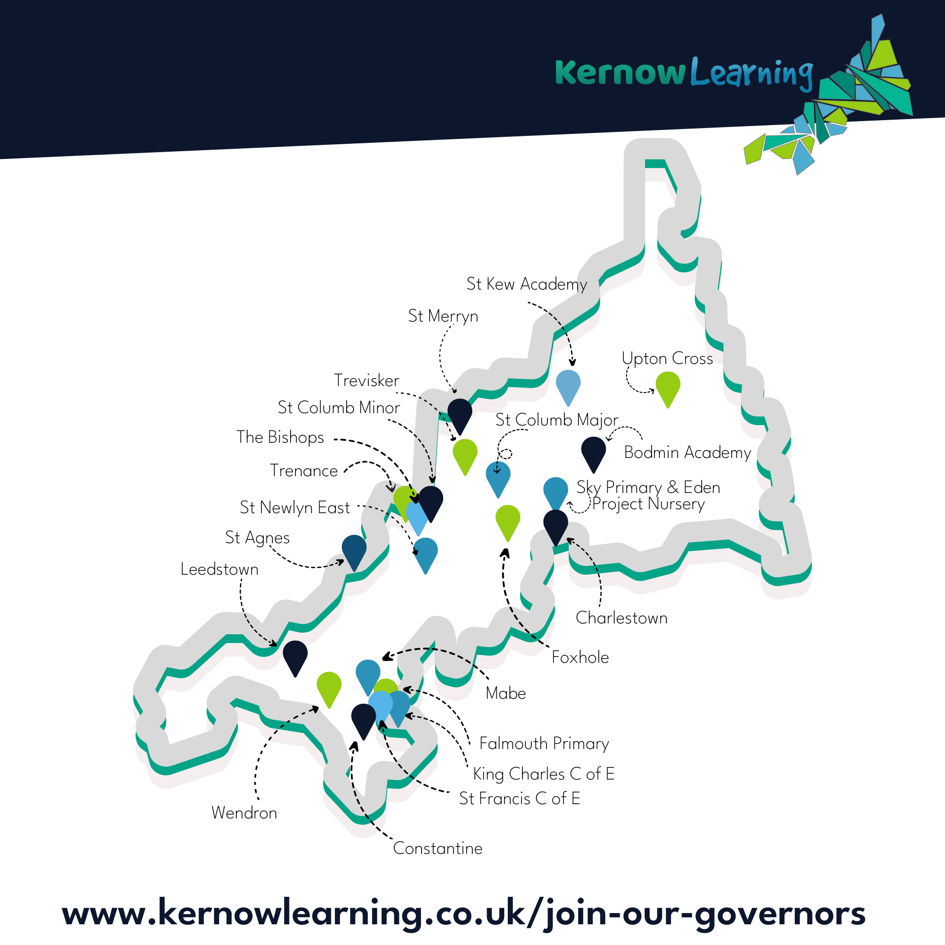A map of the Cornish peninsular showing the location of the 21 schools in Kernow Learning.