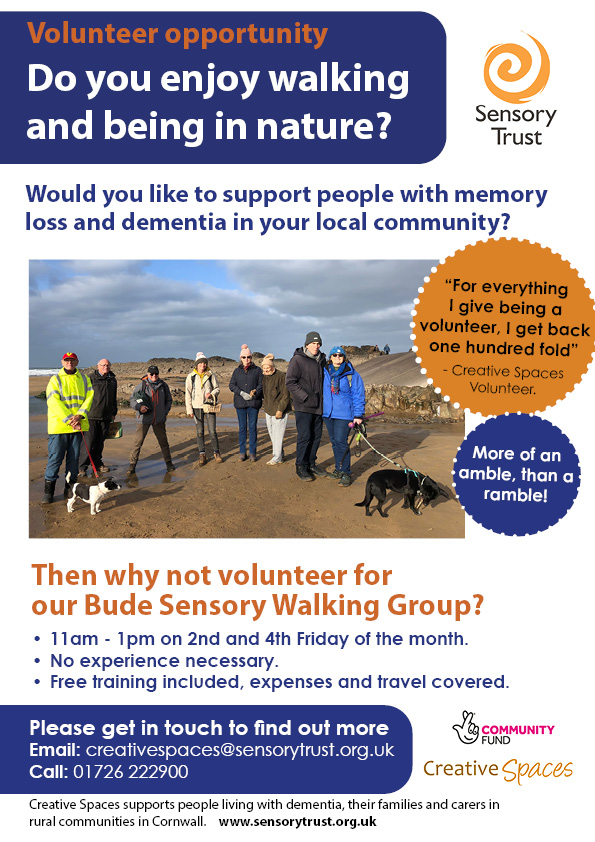 Photo of Bude Sensory Nature Group volunteer opportunity poster, which shows a photo of the group members, smiling on the beach at Summerleaze.