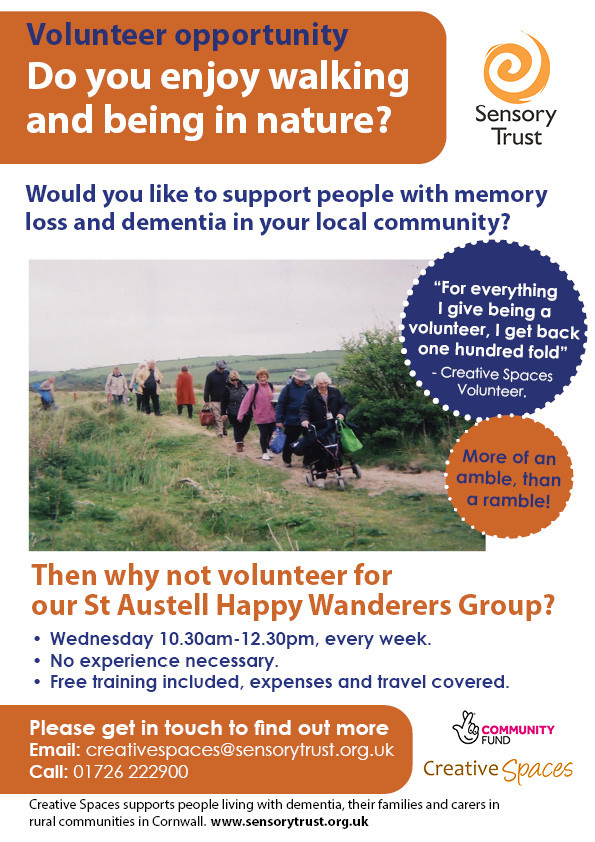 Photo of Happy Wanderers ( St Austell) volunteer opportunity poster, which shows a photo of the group members walking in the Clay Country.