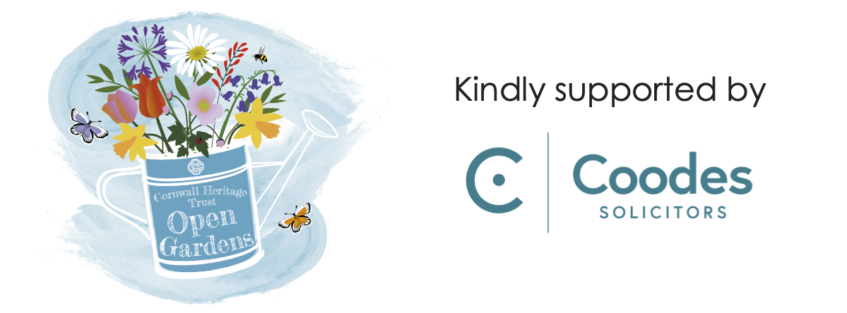 Logo for Cornwall Heritage Trust Open Gardens alongside 'kindly supported by Coodes Solicitors' 