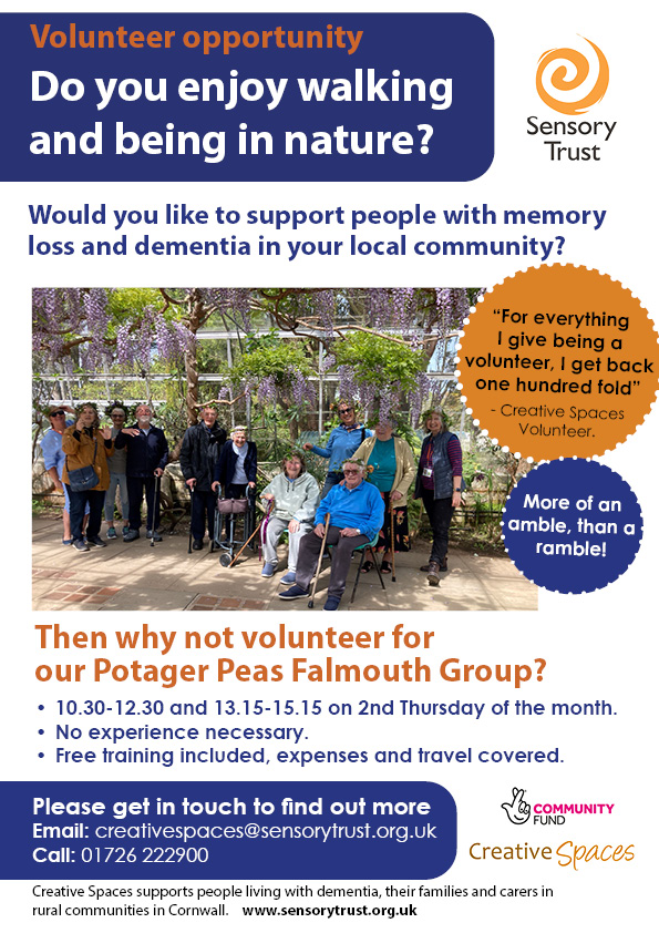 Photo of Potager Peas Group volunteer opportunity poster, which shows a photo of the group members in one of the greenhouses, smiling and wearing natural crowns that they had created.