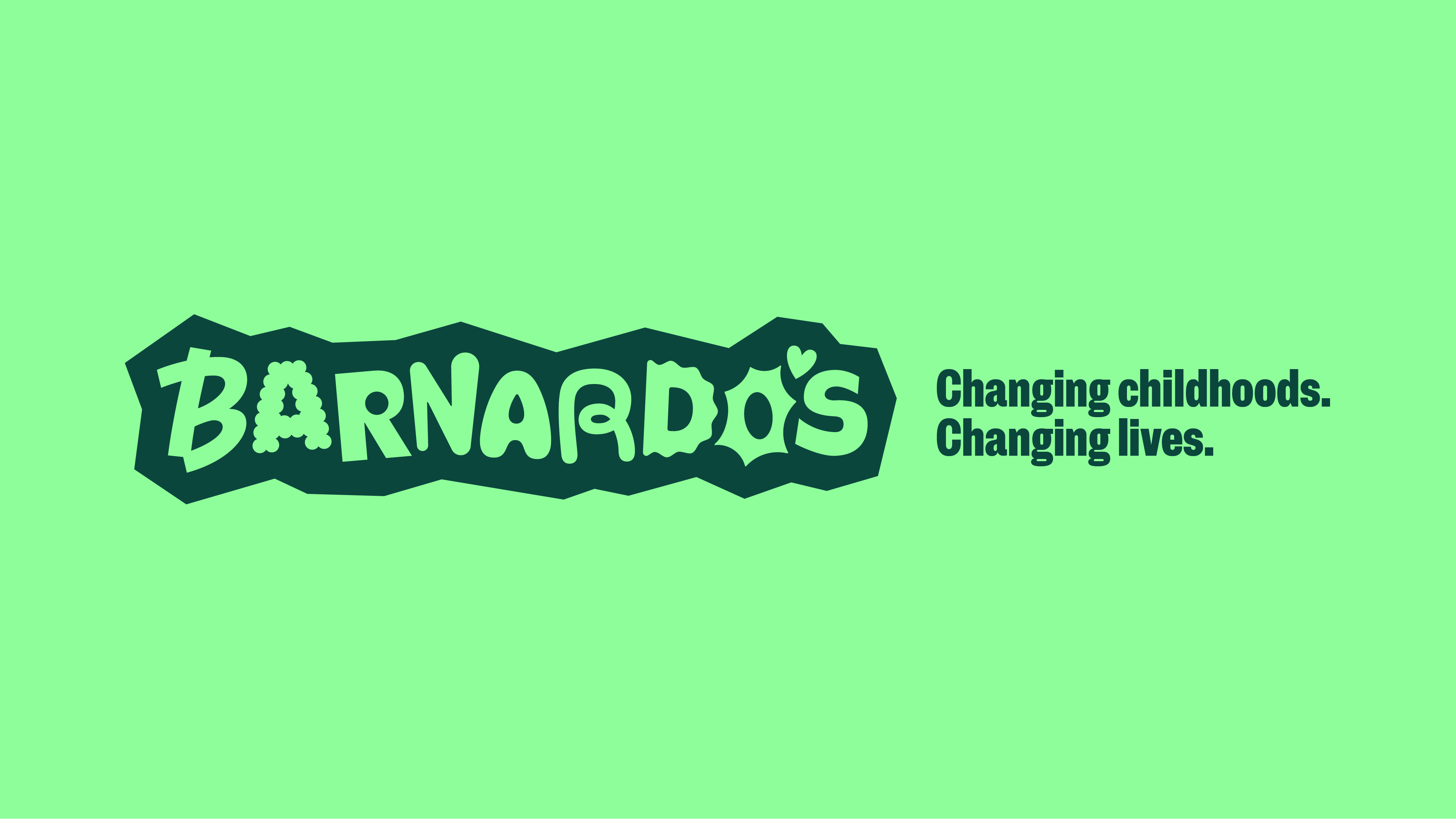 Barnardo's 'Changing Childhoods, Changing Lives' Logo, letters are different shapes to represent different emotions, designed by the children and young people we work with. Light green rectangle background, purpose statement in dark green writing and Barnardo's word in light green surrounded by dark green shadow.