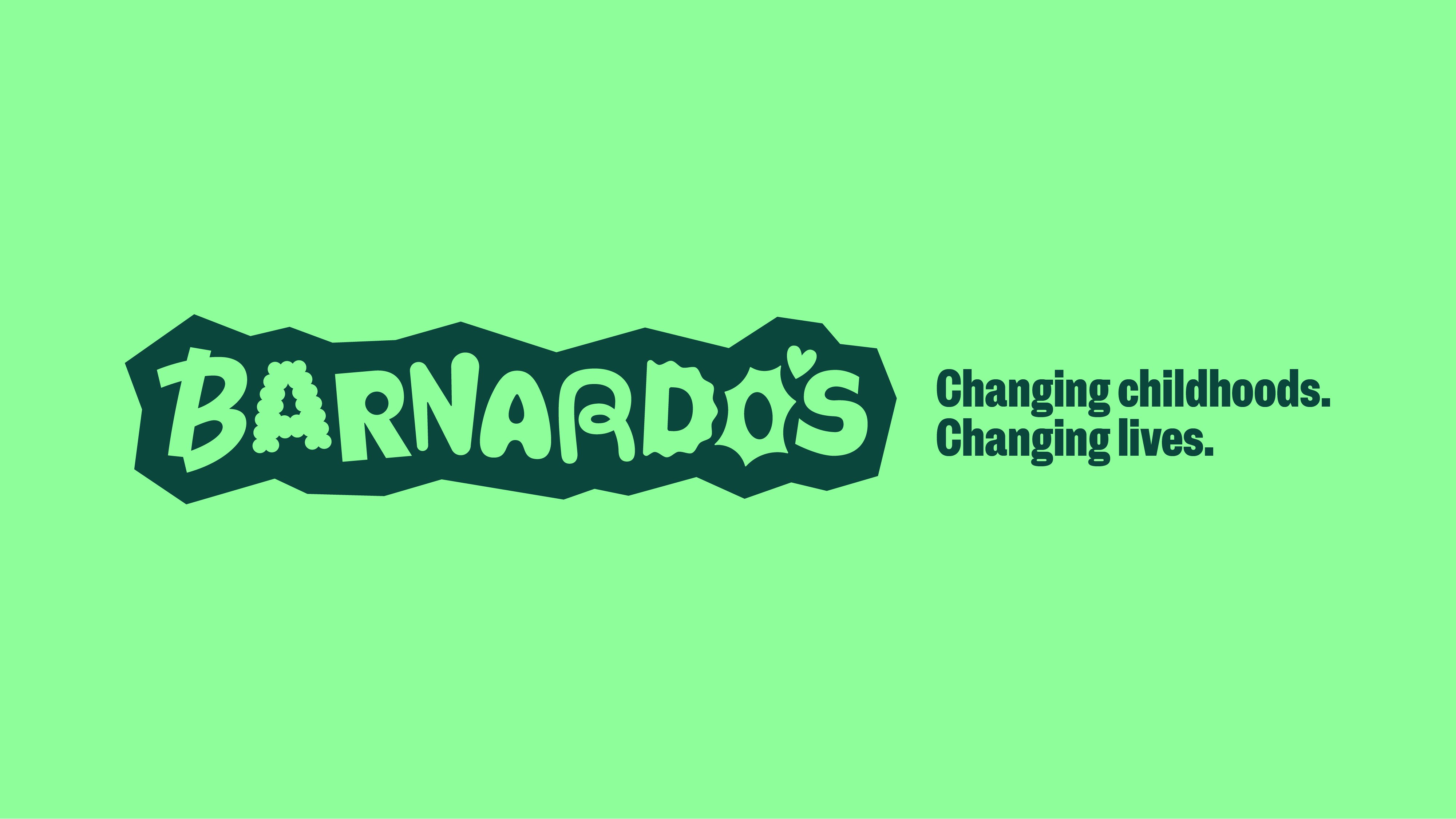 Barnardo's 'Changing Childhoods, Changing Lives' Logo, letters are different shapes to represent different emotions, designed by the children and young people we work with. Light green rectangle background, purpose statement in dark green writing and Barnardo's in light green surrounded by dark green shadow.. 