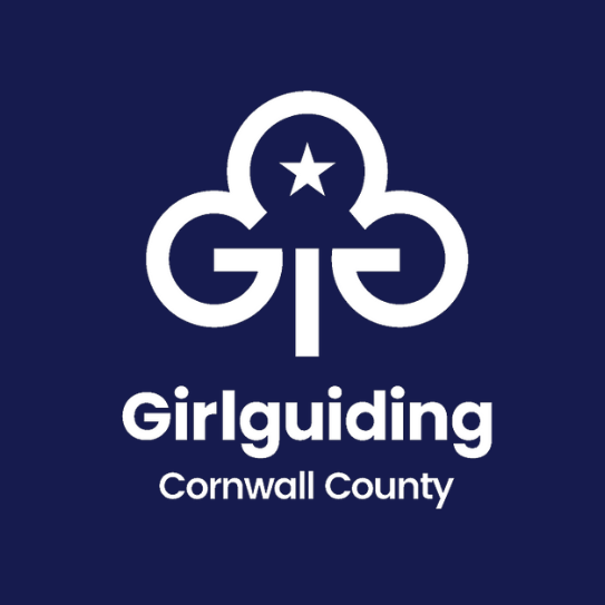 Girlguiding Cornwall logo, white trefoil on navy blue background.