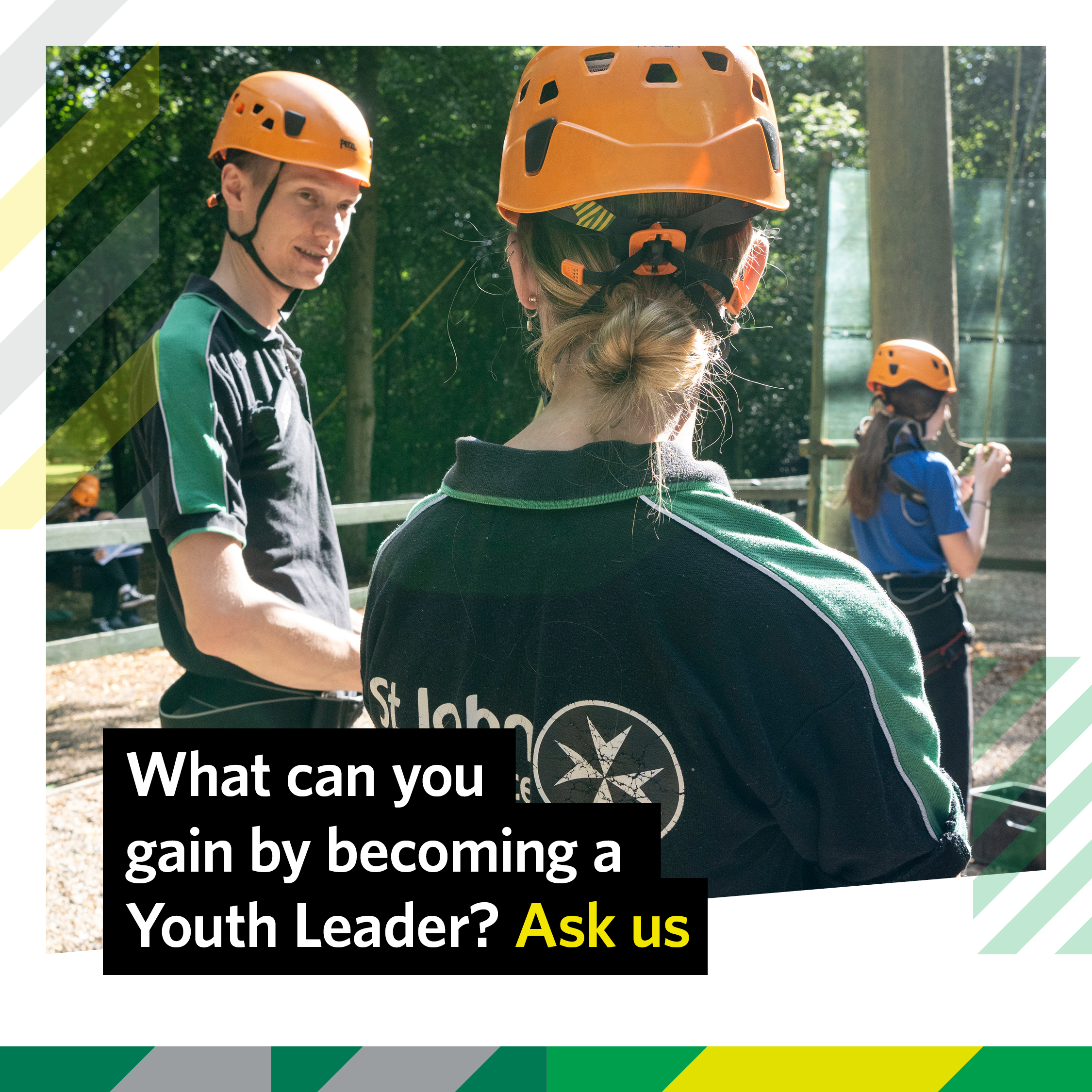 Image shows two St John Ambulance Youth Leaders interacting, inspiring young people around them