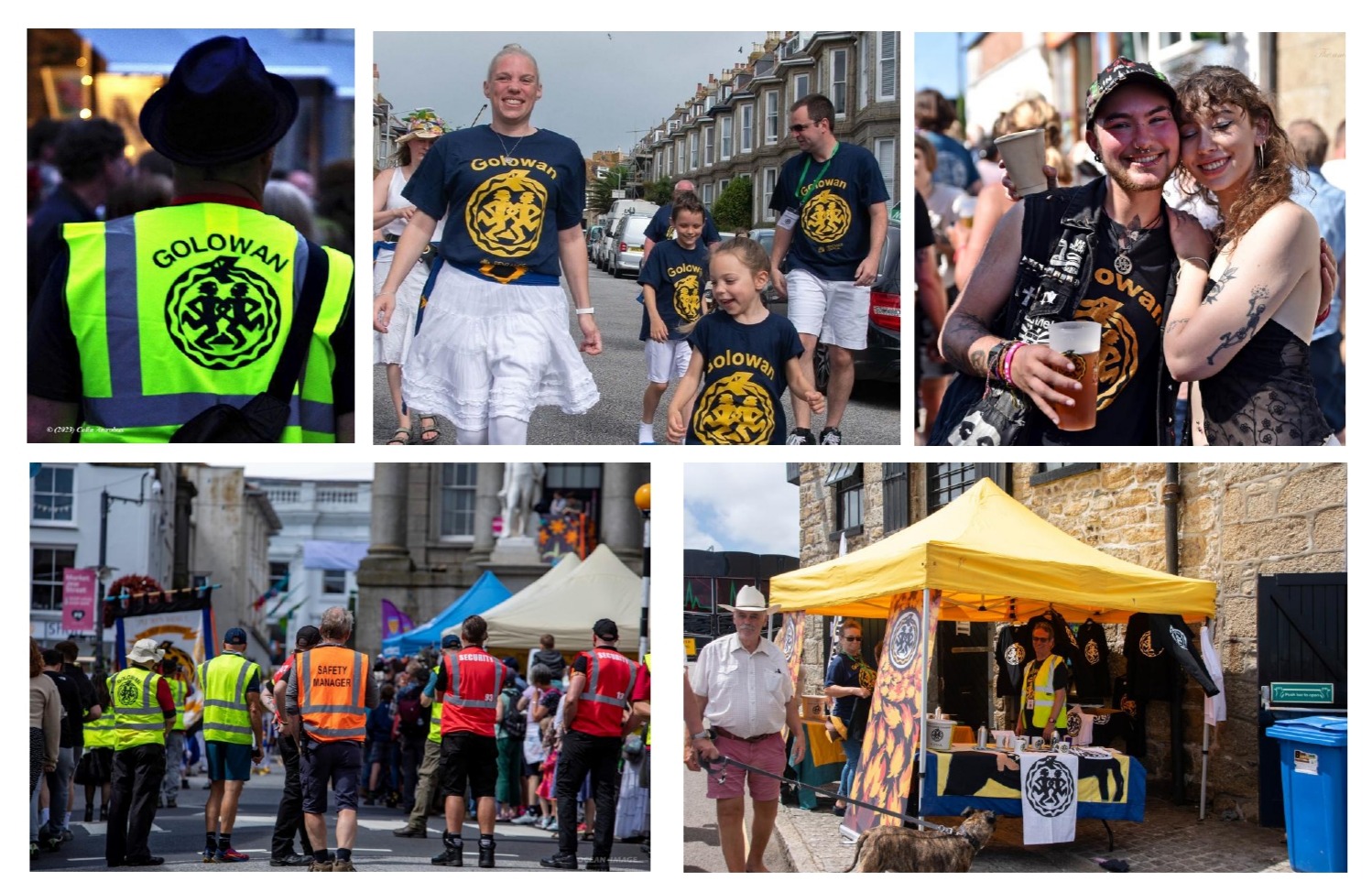 Image of people of all ages with Golowan t-shirts on, working in various roles - stewarding, donation collecting and helping on the 'Golowan merchandise stall.