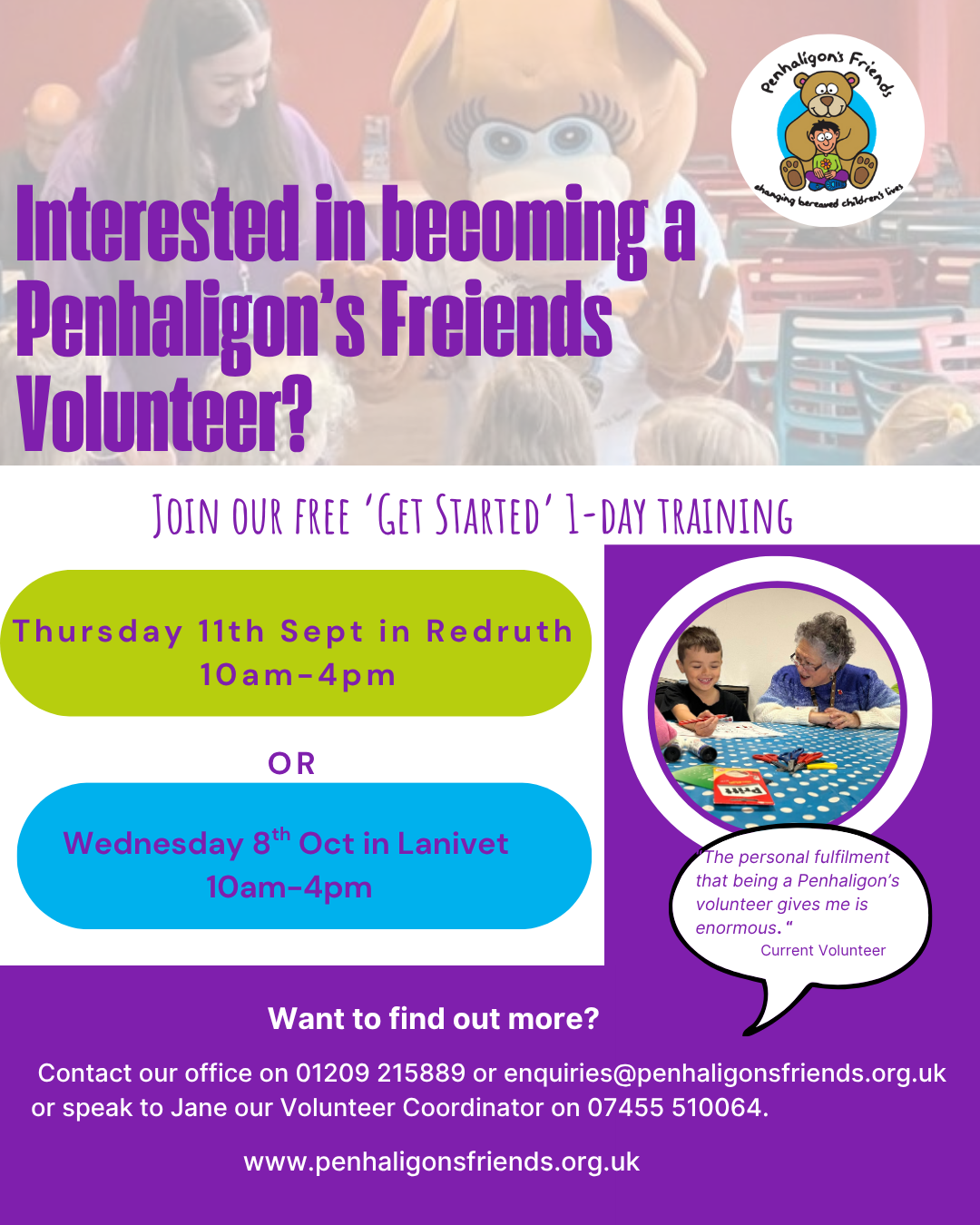 Image with details of Penhaligon's Friends Volunteer Get Started Training, 11th September & 8th October