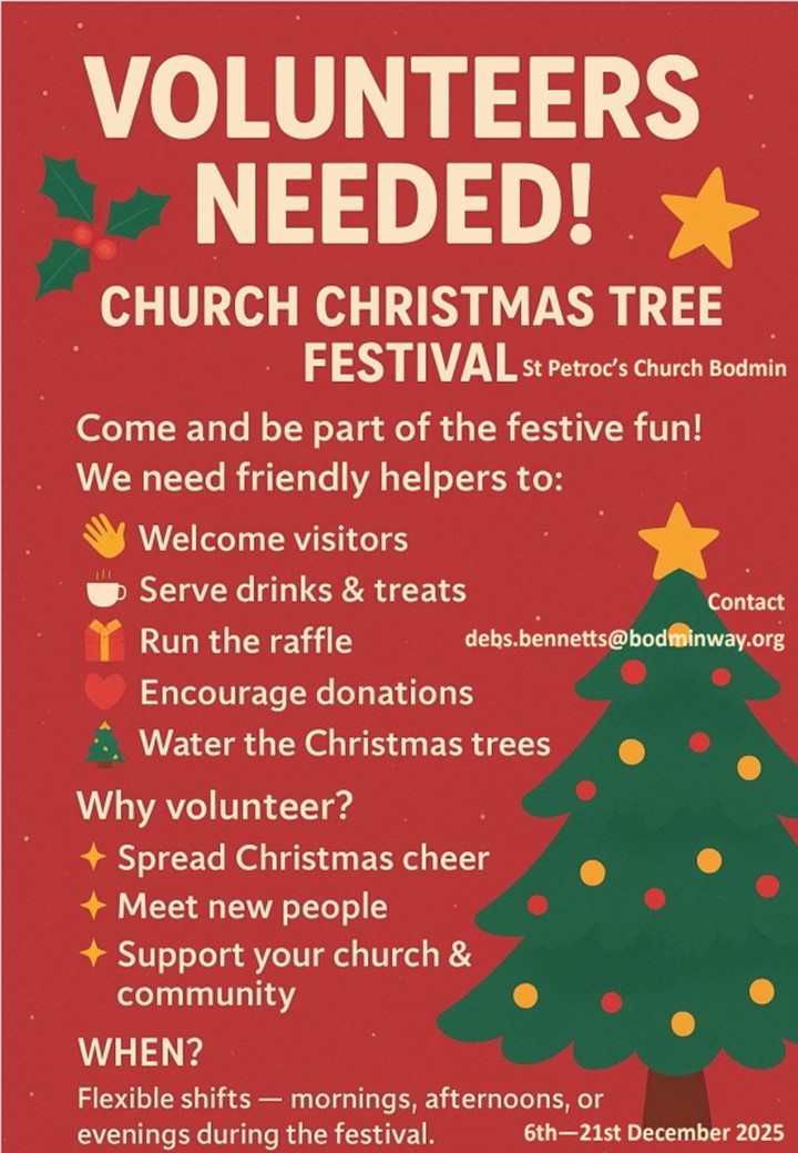 Calling volunteers to support St. Petroc's Christmas Tree Festival 2025