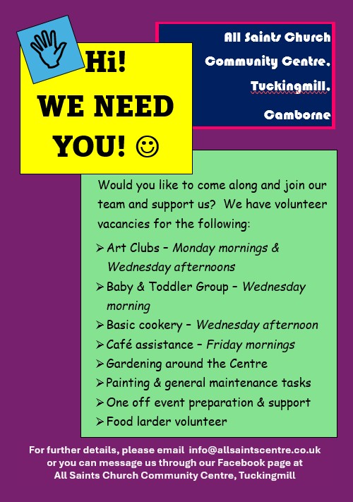 We Need You!  Volunteers needed at All Saints Church Community Centre poster image