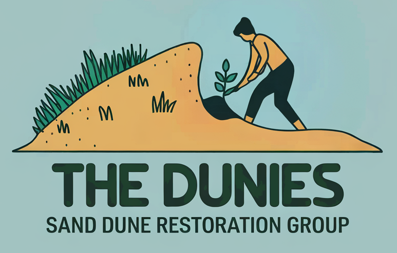 The Dunies logo, showing a woman digging an invasive plant out of the sand.