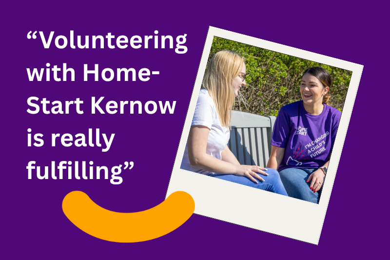 A volunteer & family member, chatting and smiling on a bench