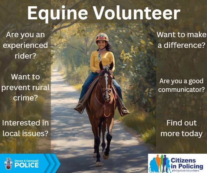 Police Volunteer on a horse with questions regarding are you an experience's rider, want to prevent rural crime, interested in local issues and making a difference