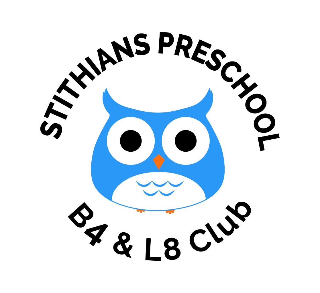 A blue owl on a white background, surrounded by black text that reads "Stithians Preschool B4 & L8 Club"