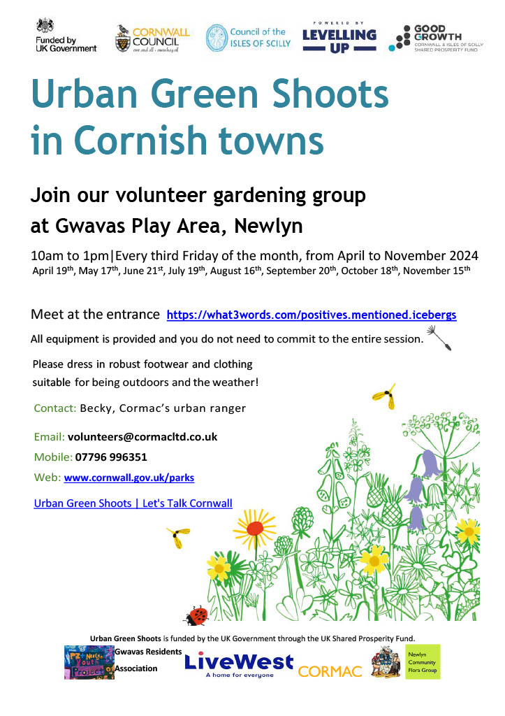 Come and join our volunteer sessions at Gwavas open space in Newlyn. Help maintain our new wildlife friendly planting and meet new people. All are welcome, children under the age of 16 must be supervised by an adult.