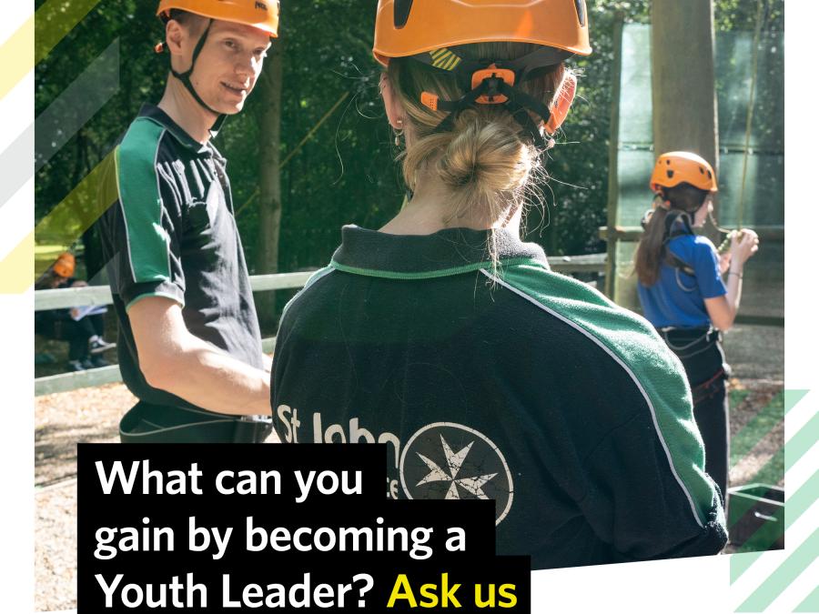 Image shows two St John Ambulance Youth Leaders interacting, inspiring young people around them
