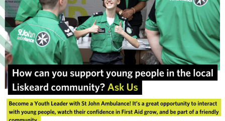 Image shows a young person being supported by their adult volunteers out on a duty (volunteering event) in their area. The images includes a QR code to scan to find out more about volunteering with St John Ambulance and the Youth Team, and includes the website link (sja.org.uk/volunteer) and email address (simon.ennor@sja.org.uk) to enquire about the Youth Helper opportunity at the local unit.