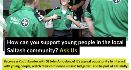 Image shows a young person being supported by their adult volunteers out on a duty (volunteering event) in their area. The images includes a QR code to scan to find out more about volunteering with St John Ambulance and the Youth Team, and includes the website link (sja.org.uk/volunteer) and email address (simon.ennor@sja.org.uk) to enquire about the Youth Helper opportunity at the local unit.