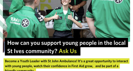 Image shows a young person being supported by their adult volunteers out on a duty (volunteering event) in their area. The images includes a QR code to scan to find out more about volunteering with St John Ambulance and the Youth Team, and includes the website link (sja.org.uk/volunteer) and email address (simon.ennor@sja.org.uk) to enquire about the Youth Helper opportunity at the local unit.
