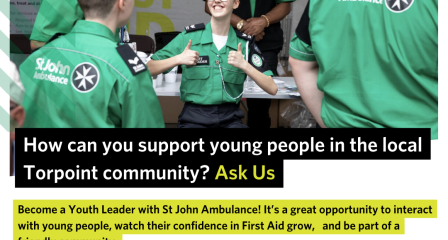 Image shows a young person being supported by their adult volunteers out on a duty (volunteering event) in their area. The images includes a QR code to scan to find out more about volunteering with St John Ambulance and the Youth Team, and includes the website link (sja.org.uk/volunteer) and email address (simon.ennor@sja.org.uk) to enquire about the Youth Helper opportunity at the local unit.