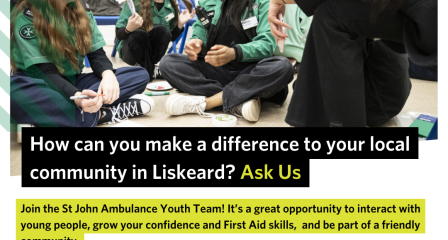 Image shows a group of young people and their youth volunteer sat together in one of their meetings at the unit. The images includes a QR code to scan to find out more about volunteering with St John Ambulance and the Youth Team, and includes the website link (sja.org.uk/volunteer) and email address (simon.ennor@sja.org.uk) to enquire about the Youth Helper opportunity at the local unit.