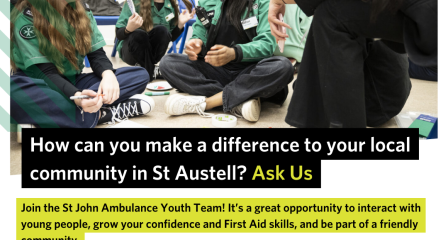 Image shows a group of young people and their youth volunteer sat together in one of their meetings at the unit. The images includes a QR code to scan to find out more about volunteering with St John Ambulance and the Youth Team, and includes the website link (sja.org.uk/volunteer) and email address (simon.ennor@sja.org.uk) to enquire about the Youth Helper opportunity at the local unit.