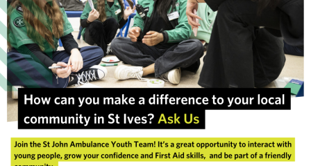 Image shows a group of young people and their youth volunteer sat together in one of their meetings at the unit. The images includes a QR code to scan to find out more about volunteering with St John Ambulance and the Youth Team, and includes the website link (sja.org.uk/volunteer) and email address (simon.ennor@sja.org.uk) to enquire about the Youth Helper opportunity at the local unit.