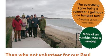 Photo of Paul Nature Group volunteer opportunity poster, which shows a photo of the group members, smiling on the footpath with the sea and St Michaels Mount in the background..
