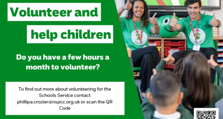A poster for volunteer recruitment to the NSPCC Schools Service in Cornwall including QR code. 