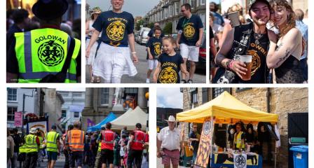Image of people of all ages with Golowan t-shirts on, working in various roles - stewarding, donation collecting and helping on the 'Golowan merchandise stall.
