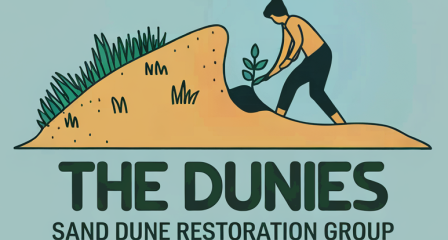 The Dunies logo, showing a woman digging an invasive plant out of the sand.