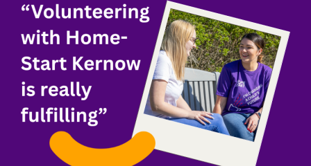 A volunteer & family member, chatting and smiling on a bench