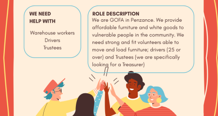 The poster shows a group of positive people together, illustrating our need for volunteers