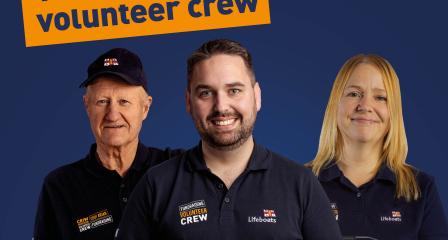 Promotional RNLI Lifeboats graphic reading “Join our fundraising volunteer crew,” showing three volunteers in RNLI clothing: one holding a collection bag, one holding a plate of blue-iced cupcakes, and one standing beside a donation bucket, against a dark blue background with the RNLI logo.
