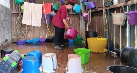 Cleaning feeding buckets at The Hugs Foundation